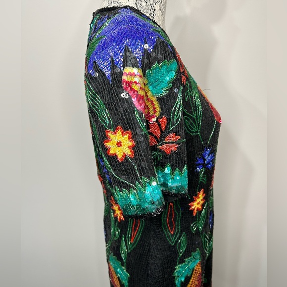 Vintage 80’s silk sequins fully beaded floral design knee length formal dress - Picture 11 of 16